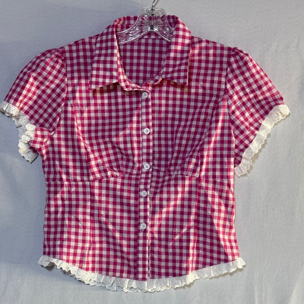 Unbranded Gingham Blouse Womens M Pink Eyelet Lace Trim Coquette Cottagecore